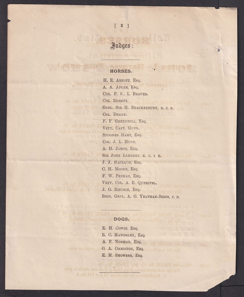 India HORSE & DOG SHOW, Tollygunje, Calcutta 1895 programme, etc.