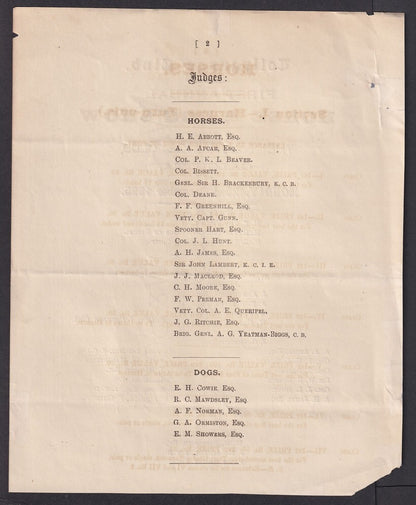 India HORSE & DOG SHOW, Tollygunje, Calcutta 1895 programme, etc.