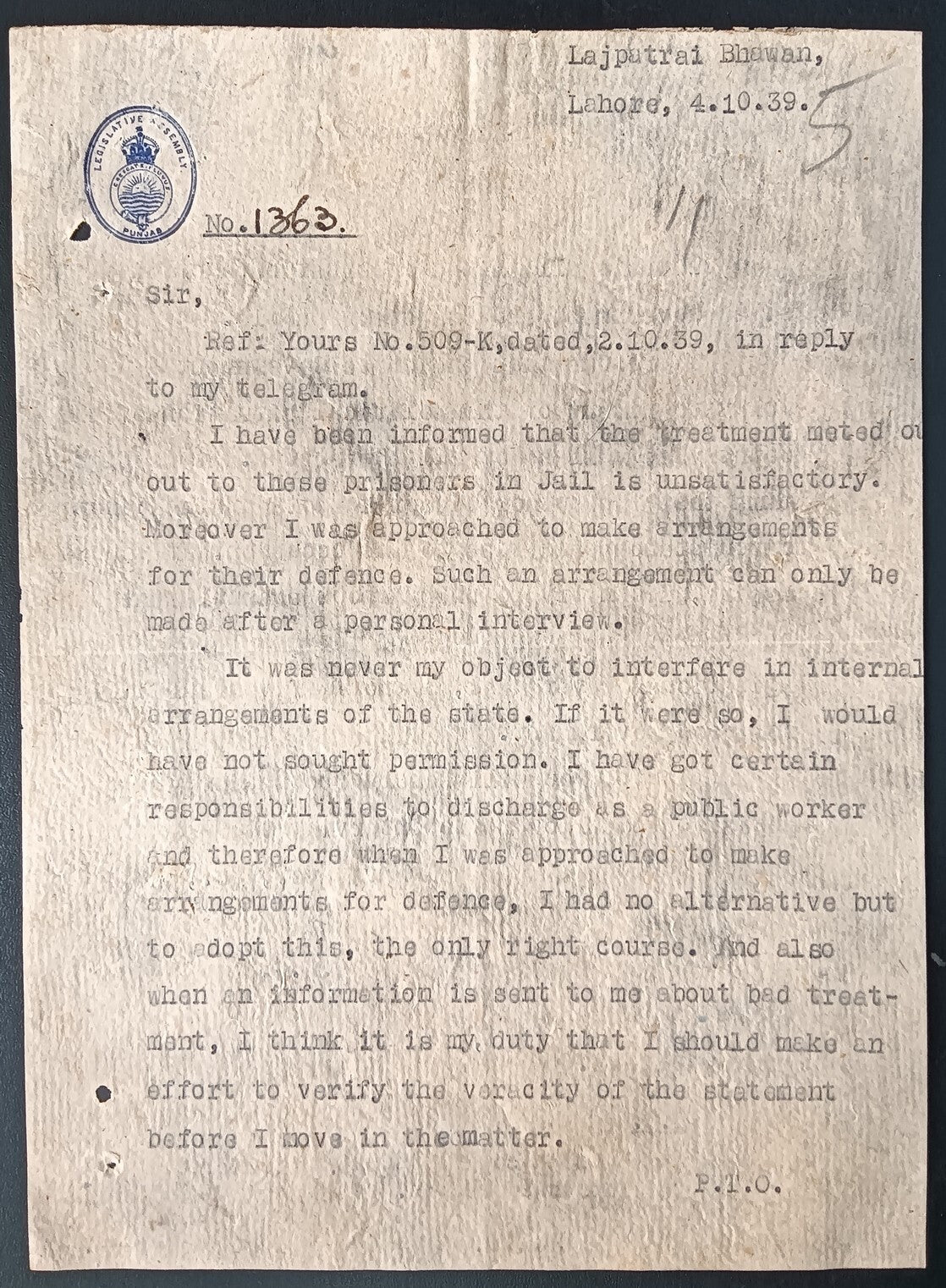 India 1939 crested letter LEGISLATIVE ASSEMBLY PUNJAB