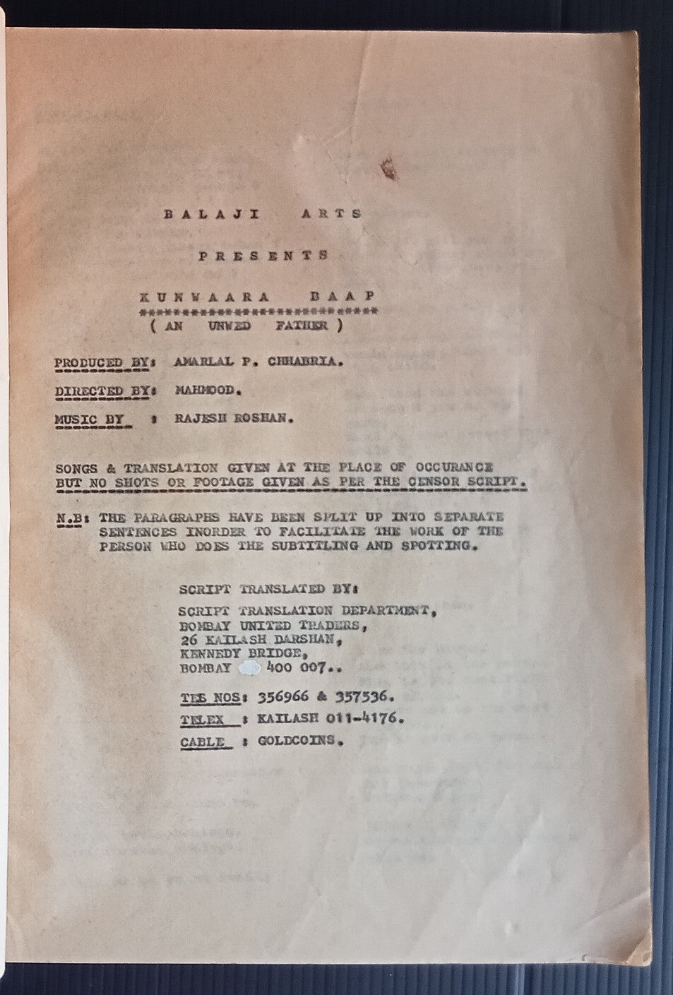India Bollywood 1974 KUNWARA BAAP post production script - 96 pages