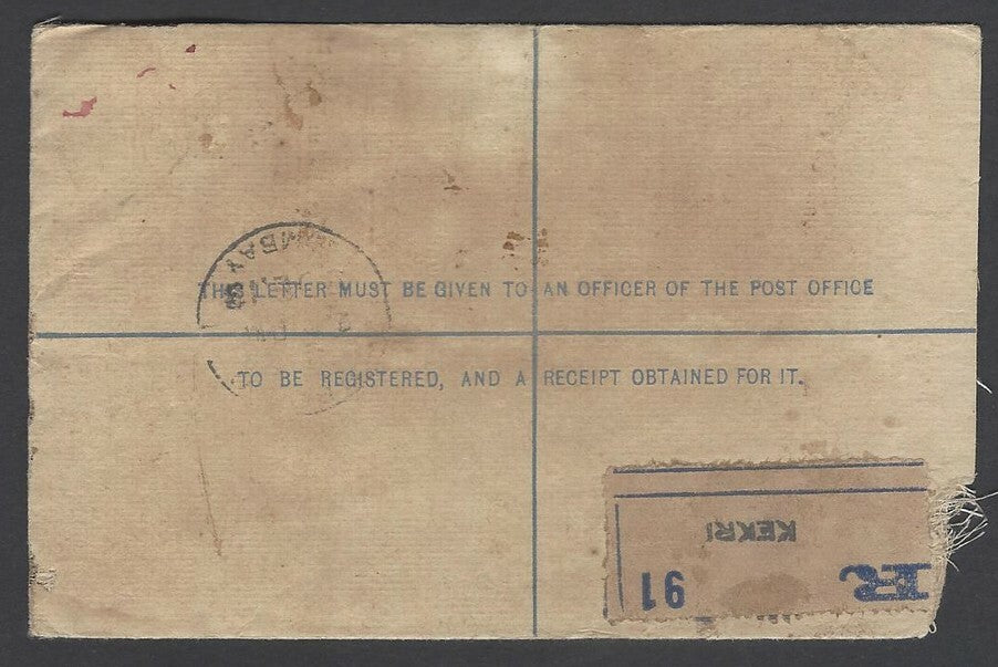 AOPIMT India KGV registered envelope uprated KEdVII 1/2a (2) & 6a used 1913