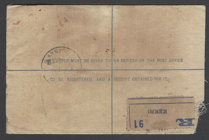 AOPIMT India KGV registered envelope uprated KEdVII 1/2a (2) & 6a used 1913