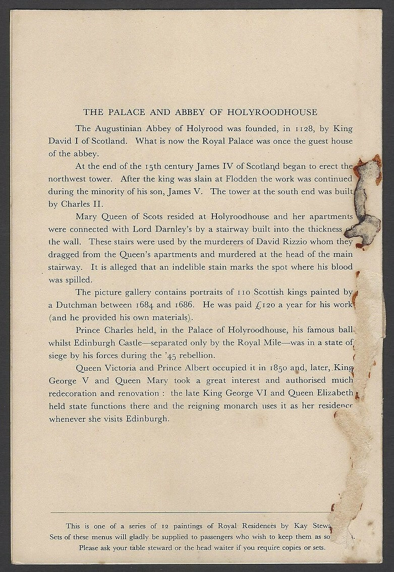 B.I. British India Line Royal Residences menu cards (6)