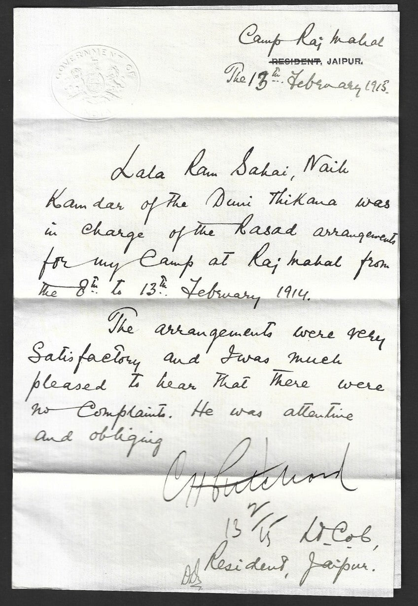 India 1915 Resident of Jaipur signed crested letter & envelope