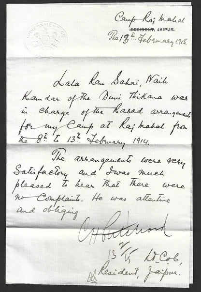 India 1915 Resident of Jaipur signed crested letter & envelope