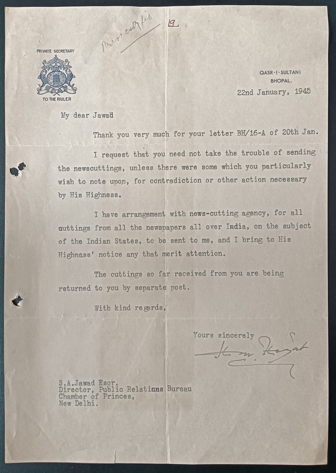 India 1945 crested letter PRIVATE SECRETARY TO THE RULER BHOPAL STATE signed