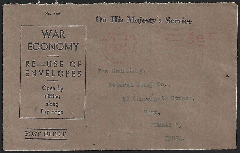 (AOP) GB OHMS WAR ECONOMY envelope used to India