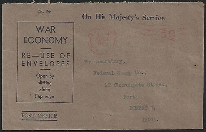 (AOP) GB OHMS WAR ECONOMY envelope used to India