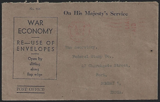 (AOP) GB OHMS WAR ECONOMY envelope used to India