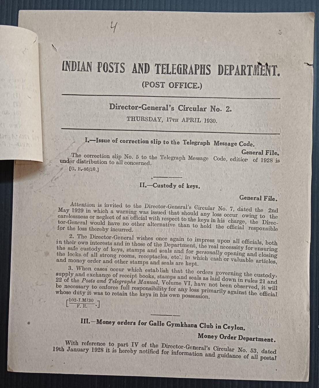 India POSTAL NOTICE 17-4-30 Moner Order for Galle Gyamkhana Club + CIRCULAR #2