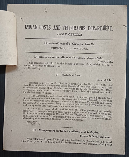 India POSTAL NOTICE 17-4-30 Moner Order for Galle Gyamkhana Club + CIRCULAR #2