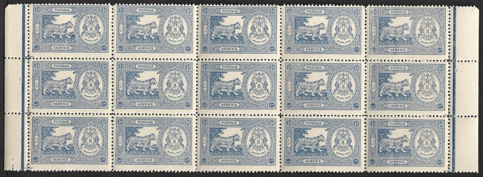 India Bhopal State 1940 1/4a bright blue MNH block of 15. SG O344 £165