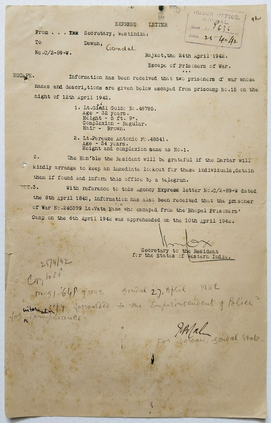 India WW2 1942 Official letter ESCAPE OF ITALIAN PRISONERS OF WAR Bhopal Camp