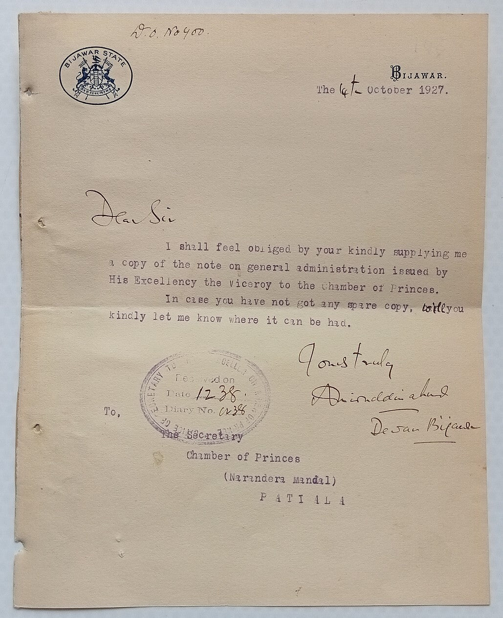 BIJAWAR STATE crested letter signed by the Diwan India 1939