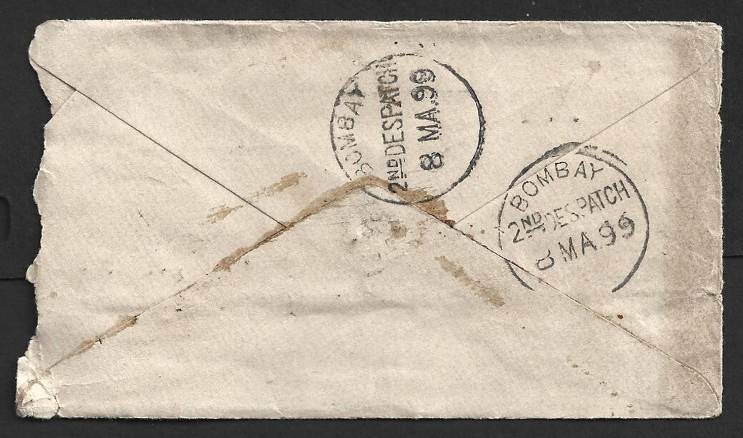 AOP India QV env wi boxed "POSTAGE DUE/ONE ANNA" obliterated & struck again 1899