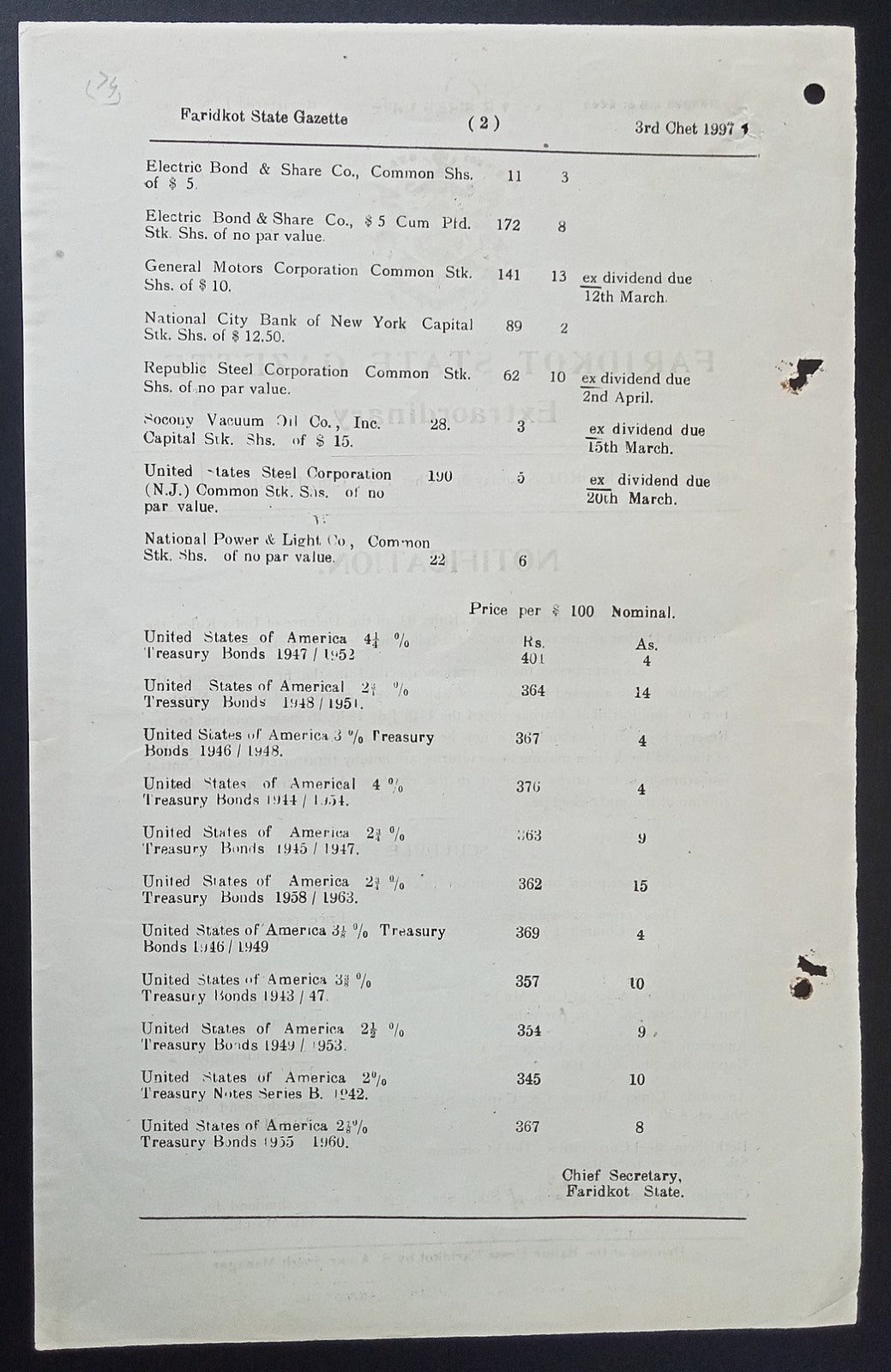 India Faridkot WW2 1941 Gazettes about returns of US Treasuries & stocks (2)