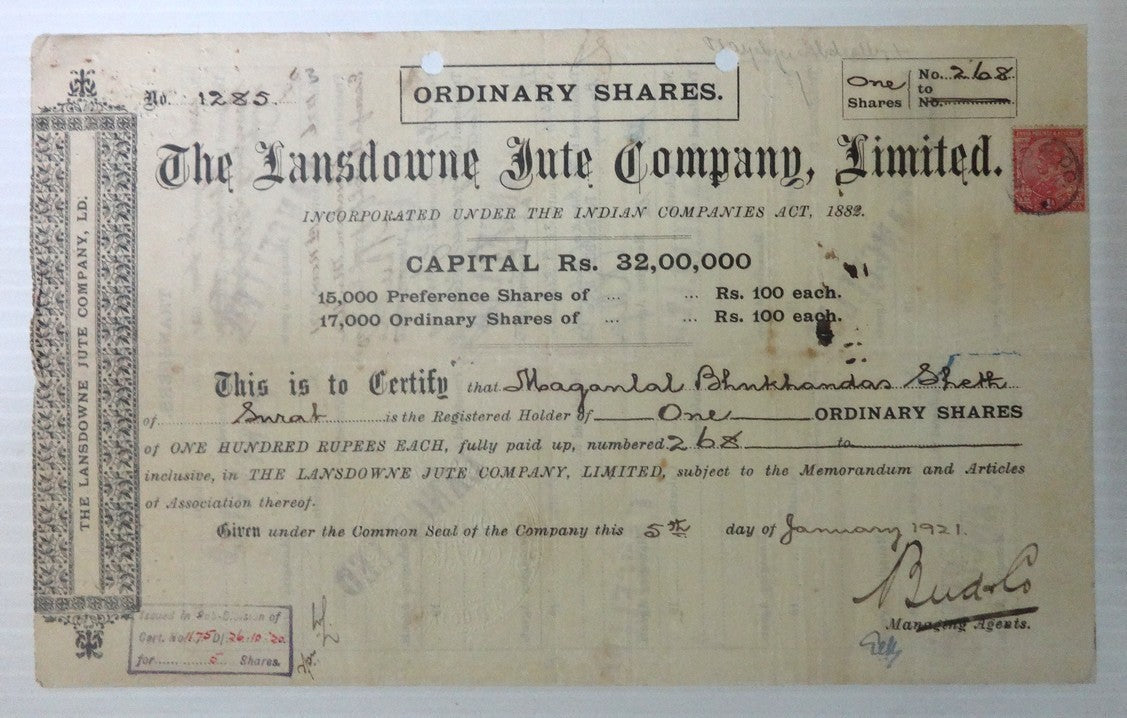 India 1921 Lansdowne Jute Company share certificate