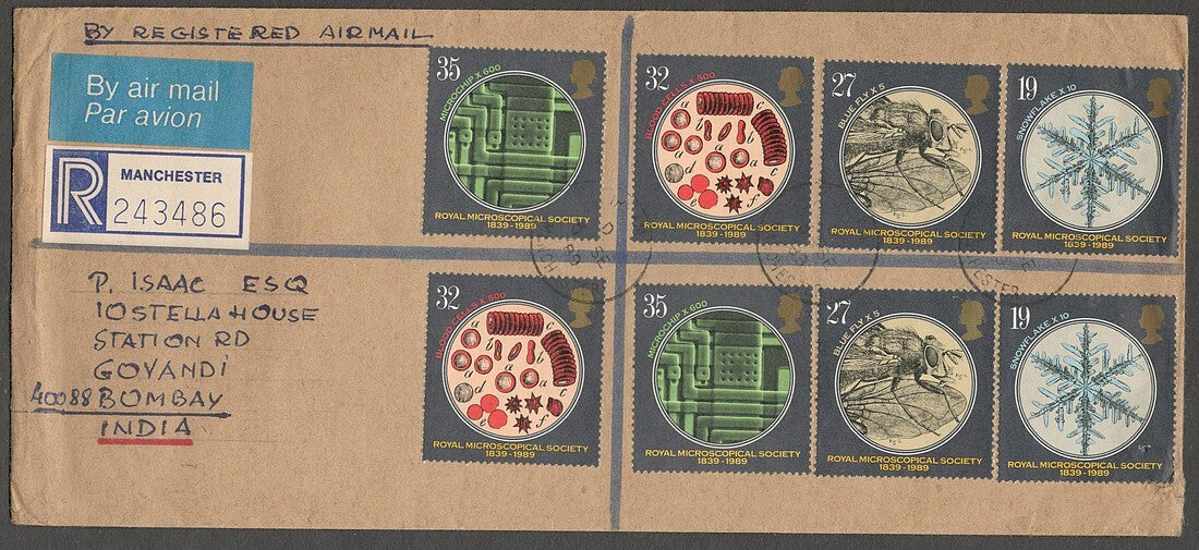 AOP GB 1989 Microscopal Society x 2 sets on registered cover to India 
