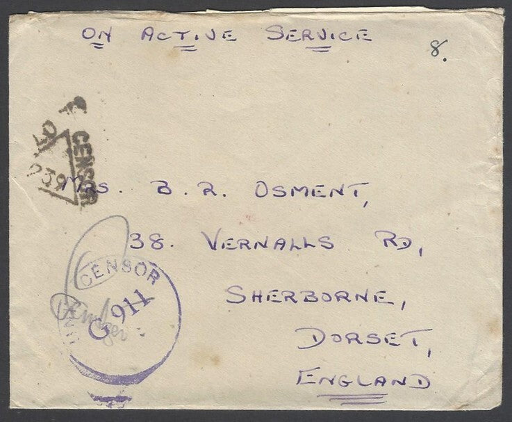 AOP India WW2 1945 On Active Service cover canc "267" dc & 2 censors