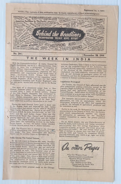 AOP India 1944 WW2 Propaganda rag BEHIND THE HEADLINES MAP PSYCHOSIS 8pgs