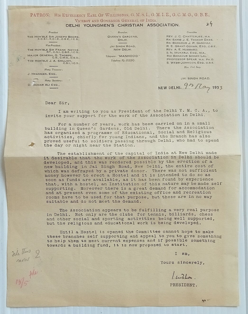 AOP India 1933 YMCA Delhi Youngmen's Christaian Association letterhead