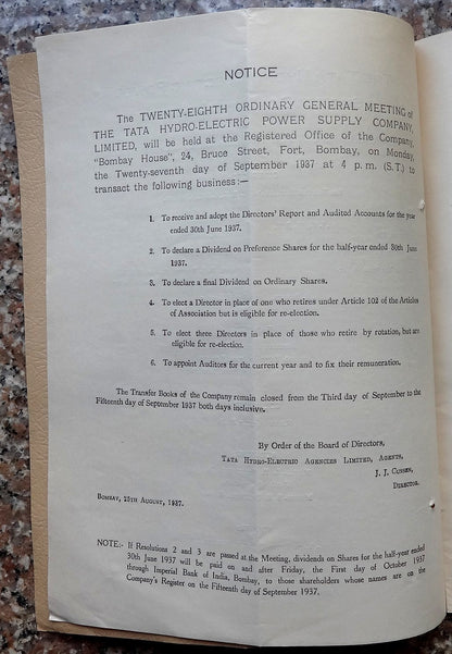 India 1936-37 THE TATA HYDROELECTRIC POWER SUPPLY COMPANY LTD Annual Report 15pg