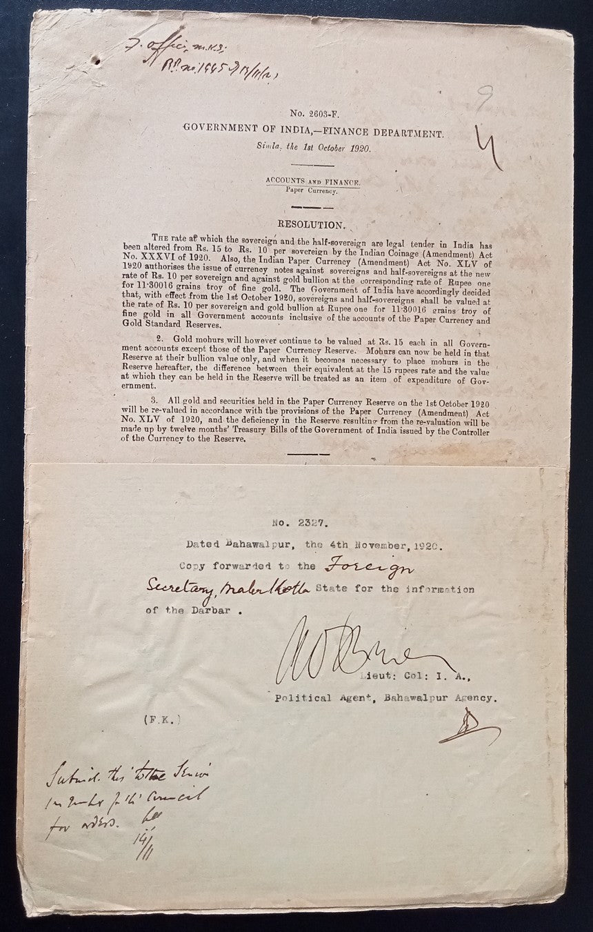 India 1915 documents about re-settings the valuations of Gold Coins, etc.