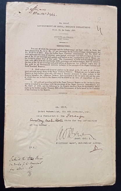 India 1915 documents about re-settings the valuations of Gold Coins, etc.