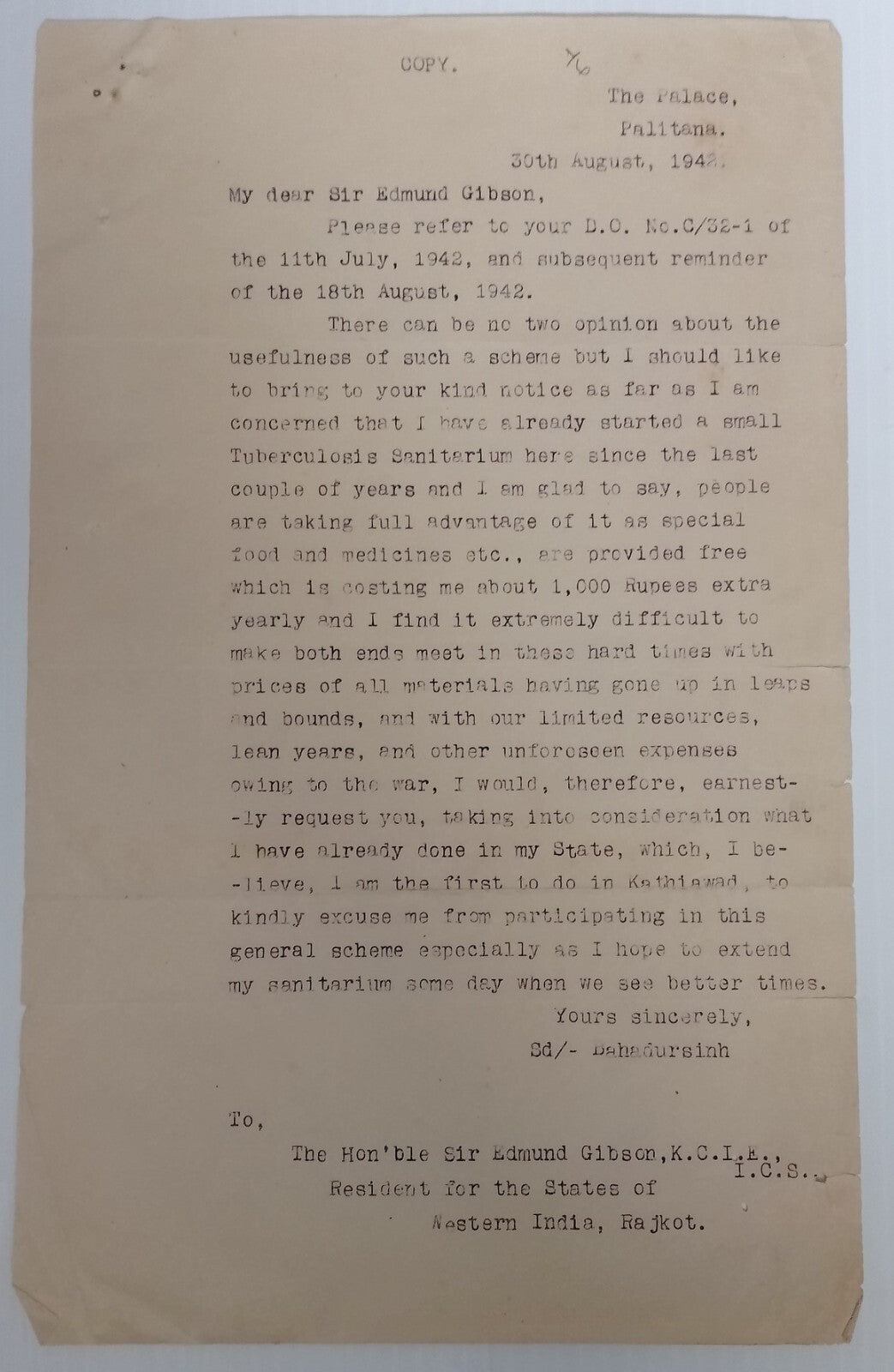 India 1942-47 Tuberculosis Fund correspondence - 12 pages