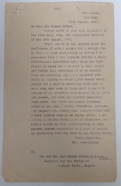 India 1942-47 Tuberculosis Fund correspondence - 12 pages