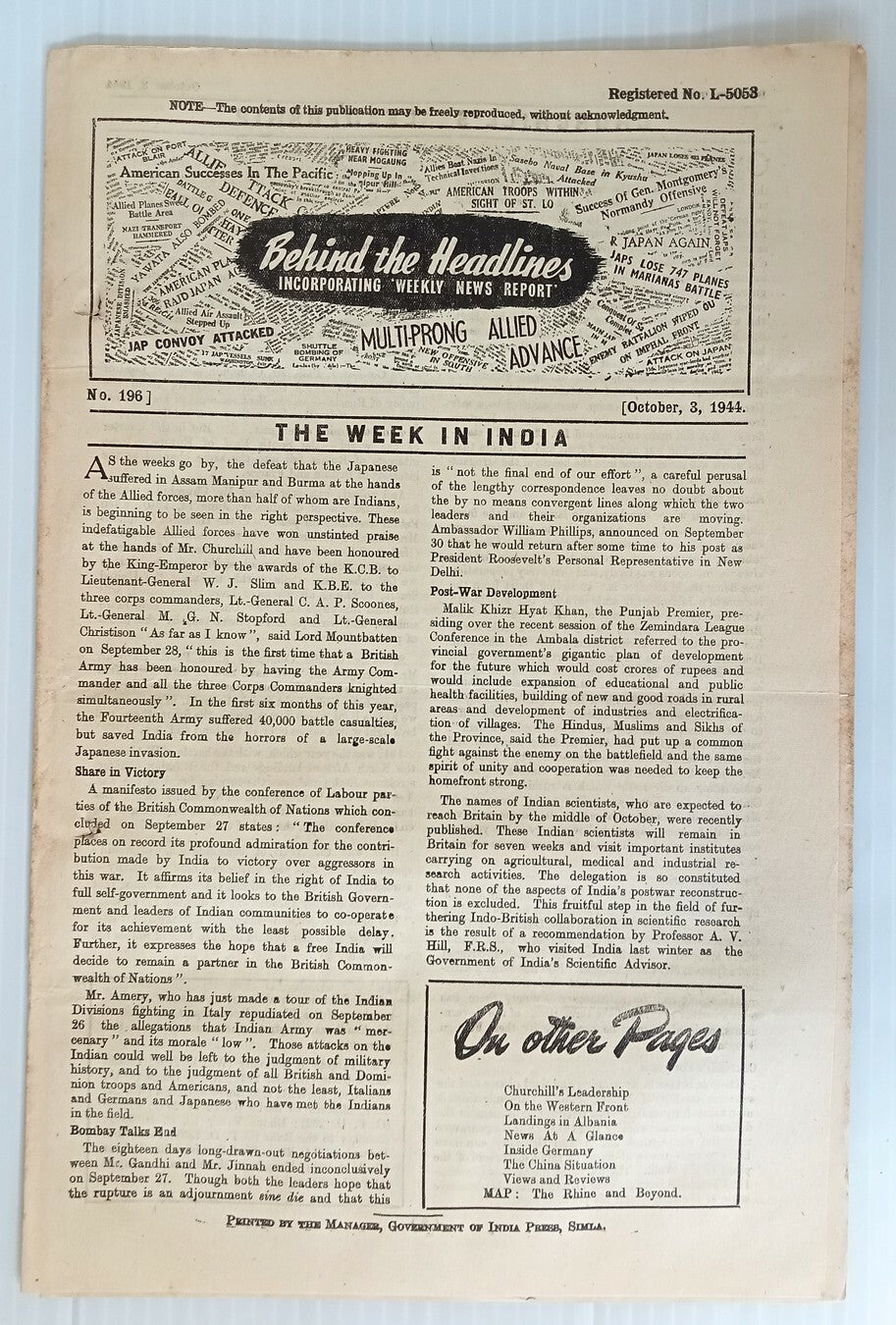 AOP India 1944 WW2 Propaganda rag BEHIND THE HEADLINES BOMBAY TALKS END 8pgs