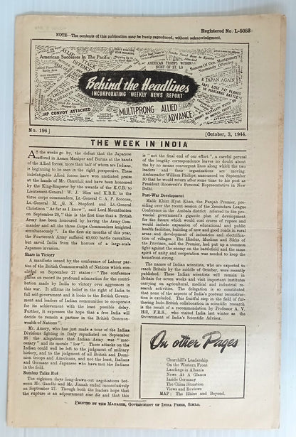 AOP India 1944 WW2 Propaganda rag BEHIND THE HEADLINES BOMBAY TALKS END 8pgs