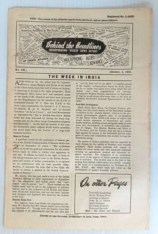 AOP India 1944 WW2 Propaganda rag BEHIND THE HEADLINES BOMBAY TALKS END 8pgs