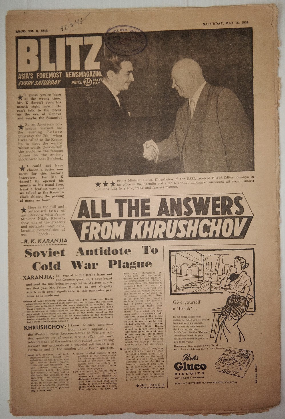 India Blitz Saturday 1959 SOVIET ANTIDOTE TO COLD WAR PLAGUE