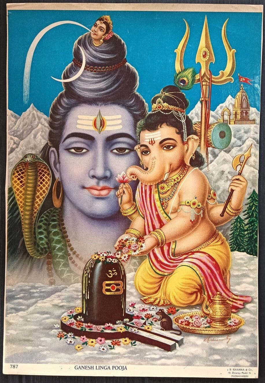 India vintage poster GANESH LINGA POOJA 9.5"x13.5" inches by J.B. Khanna
