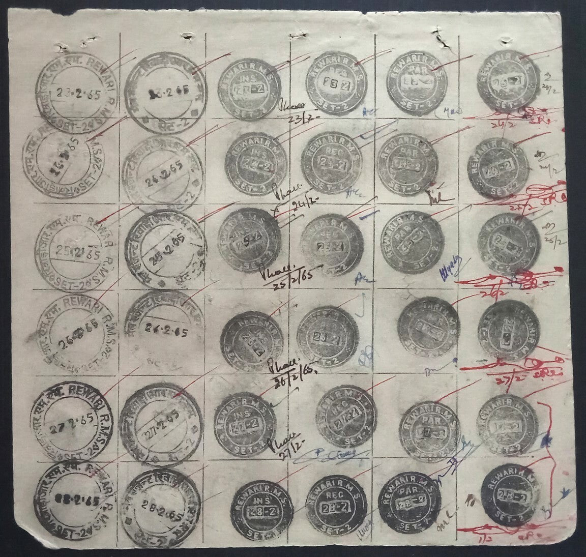 India 1957-68 Post Office daily postmark proof impression sheets (18)