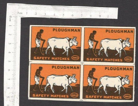 India 1930s-40s matchbox label PLOUGHMAN uncut block of 4 labels