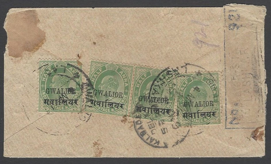 AOPIMT India Gwalior State KEdVII 1/2a envelope uprated 1/2a x 4 used 1912