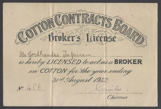 AOPIMT India Cotton Contracts Board Broker's License 1920
