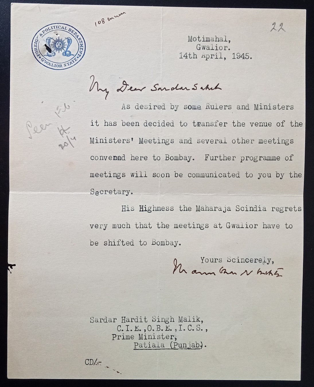 India 1945 crested letter FOREIGN & POLITICAL DEPARTMENT GWALIOR STATE