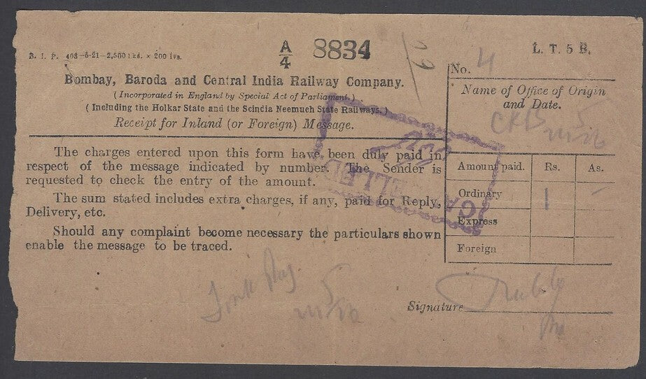 AOP India 1906 BB&CI BOMBAY BARODA & CENTRAL INDIA RAILWAY Telegraph receipt
