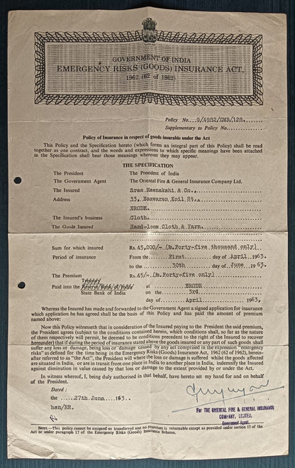 India 1963 INDO CHINA WAR - EMERGENCY RISKS Insurance Policy