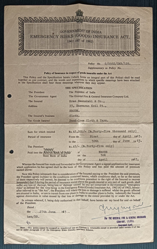 India 1963 INDO CHINA WAR - EMERGENCY RISKS Insurance Policy