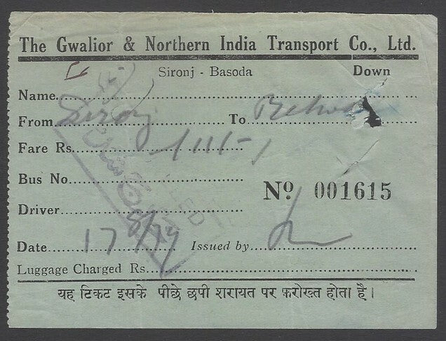 AOPIMT India 1937 The Gwalior & Northern India Transport Co. UP bus ticket