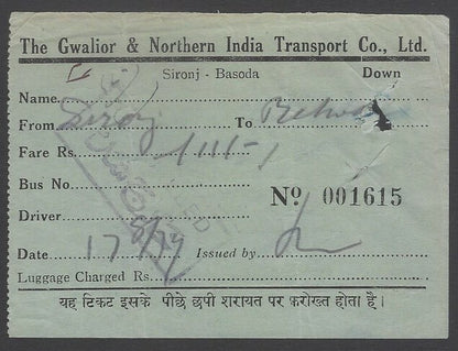 AOPIMT India 1937 The Gwalior & Northern India Transport Co. UP bus ticket