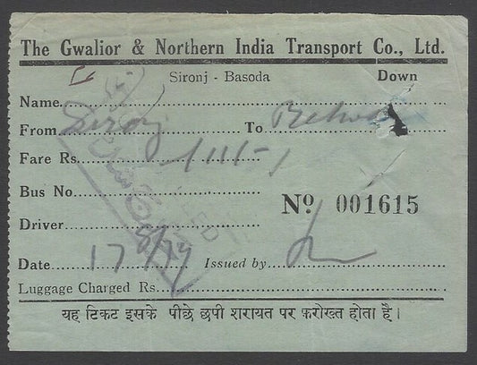 AOPIMT India 1937 The Gwalior & Northern India Transport Co. UP bus ticket