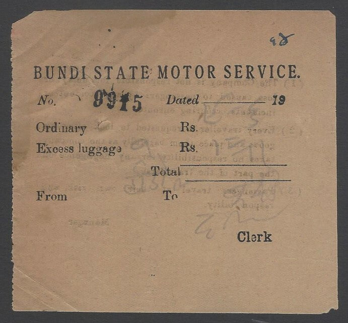 AOPIMT India 1941 Bundi Electric Motor Service bus ticket