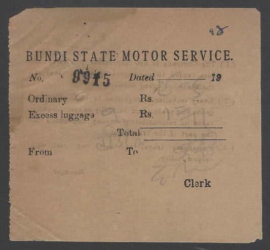 AOPIMT India 1941 Bundi Electric Motor Service bus ticket