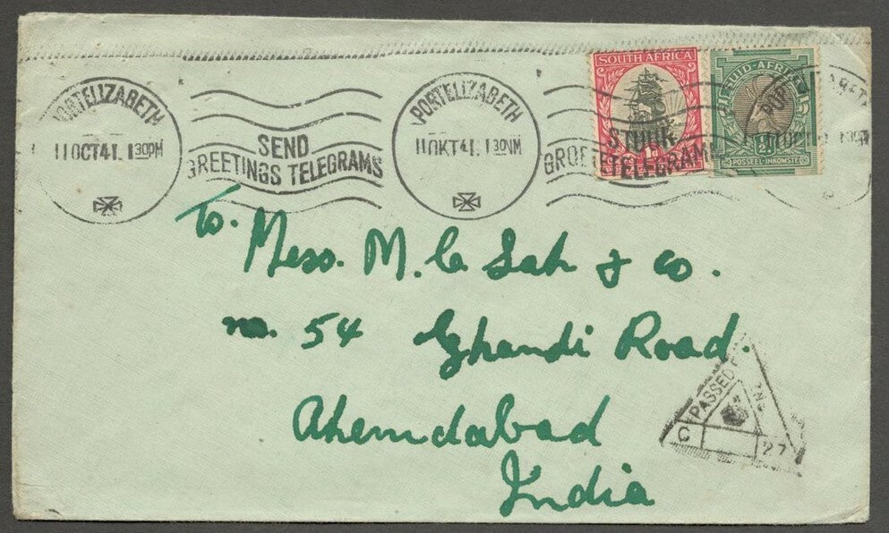 AOP South Africa WW2 1941 censored cover to India