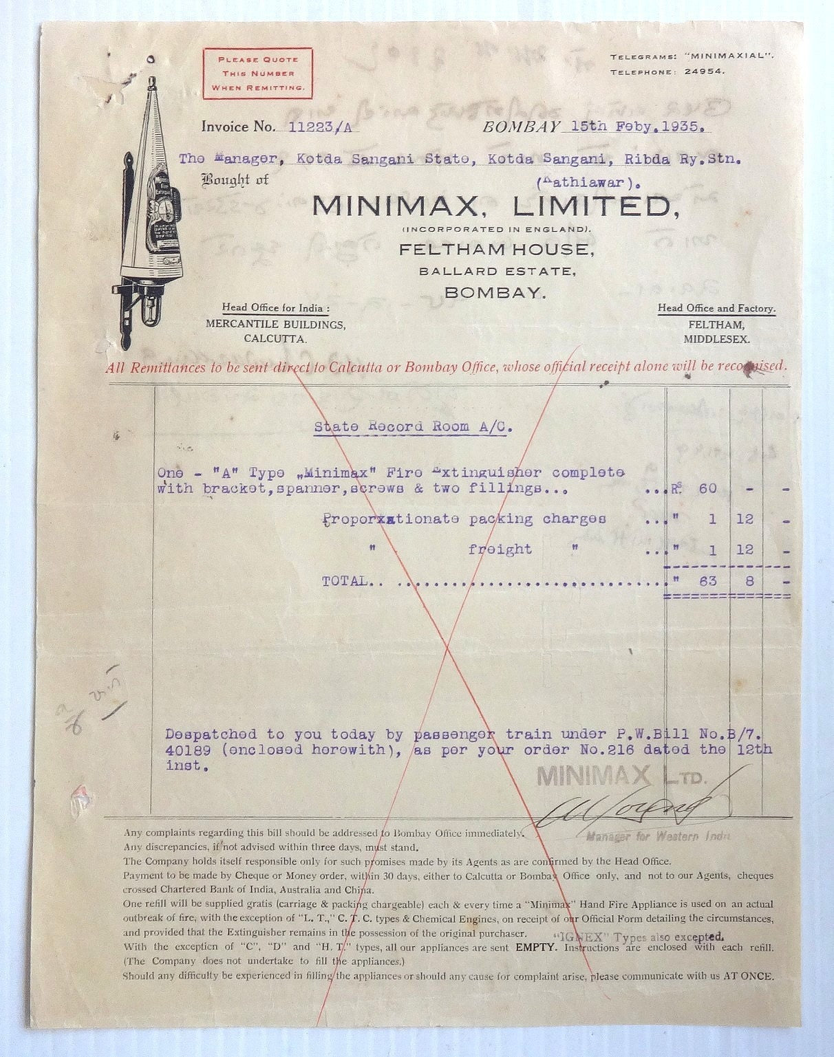 India Minimax Fine Extinguishers Kotda Sangani 1935 illustrated billhead